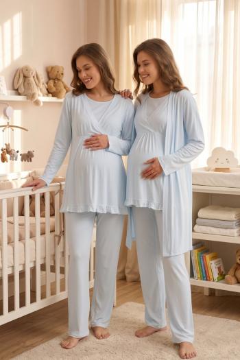  Emzirme Detaylı Mavi Kruvaze Sade Uzun Kollu Sabahlıklı Lohusa Pijama Takımı - 640 